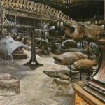 1982 -J. Kreienbühl – La Galerie de Zoologie, avec requin-pèlerin, squelette de baleine et raie-manta, vinyl sur Isorel, 120 x 125 cm