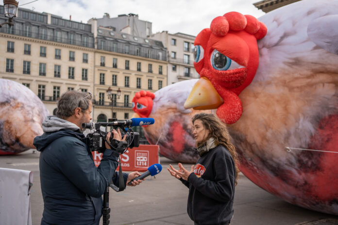 3 poulets géants s’imposent à Paris contre les élevages OGM